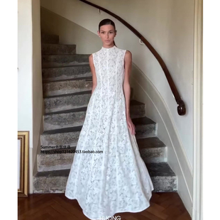 欧美无袖半高领高腰气质性感镂空蕾丝连衣裙女 Hollow lace dress