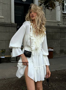 欧美雪纺喇叭袖V领连衣裙2025春荷叶边短裙Chiffon ruffled dress