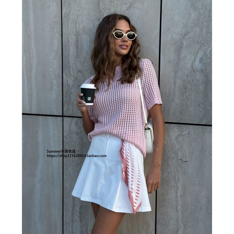 镂空针织短袖t恤设计感百搭短上衣 Hollowed-out knitted T-shirt - 实物图