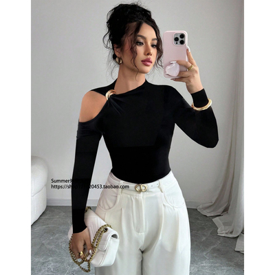 2025秋性感斜肩修身长袖露肩T恤