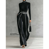 针织阔腿裤 and 两件套 立领撞色收腰长袖 Knitted shirt pants set