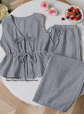 条纹系带百搭背心长裤两件套 Striped lace up top and pants set