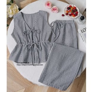 条纹系带百搭背心长裤两件套 Striped lace up top and pants set
