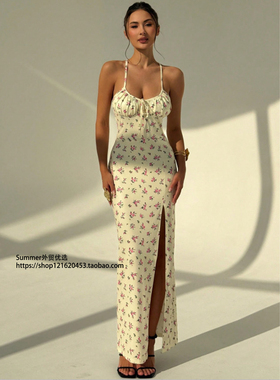 欧美吊带露背碎花连衣裙开叉长裙女Floral spaghetti strap dress