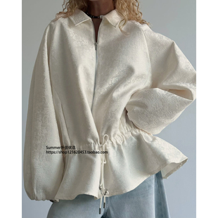 欧美提花收腰短款外套灯笼袖抽绳宽松夹克 Jacquard short jacket