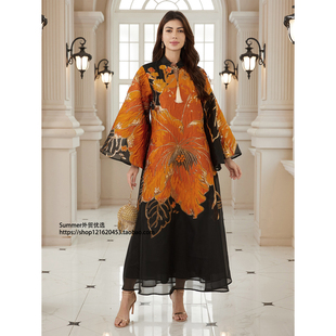 民族风印花连衣裙网纱大袖子长裙女Arabic printed dress