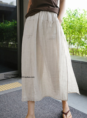 纯亚麻阔腿裤裙高级老钱风宽松半身裙裤Linen long trouser skirt