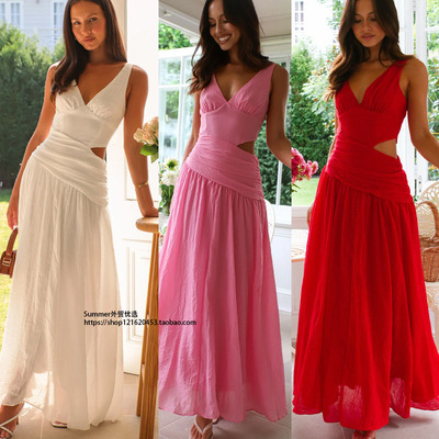 2025欧美性感V领露腰吊带连衣裙