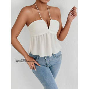 欧美性感吊带小背心修身深V无袖荷叶边上衣Ruffled neckband vest