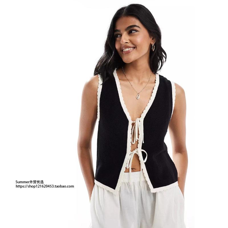 领系带马甲背心时尚撞色针织开衫