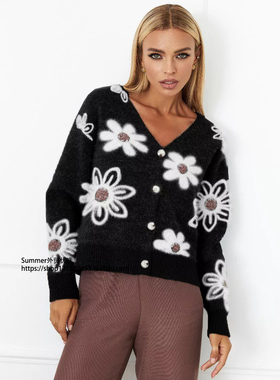 欧美短款花朵针织开衫V领貂绒提花外套女Flower knitted cardigan
