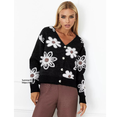 2025秋欧美针织花朵毛衣开衫外套