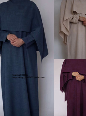 中东迪拜土耳其纯色长袍连衣裙头巾长裙两件套 Turkish dress set