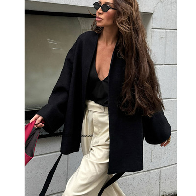 2025V领系带宽松休闲中长款外套