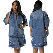 欧美翻领牛仔破洞流苏连衣裙外套女 dress cardigan Ripped denim