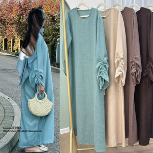 亚马逊迪拜春夏聚会派对袖口系带连衣裙阿联酋长袍 Arabian dress