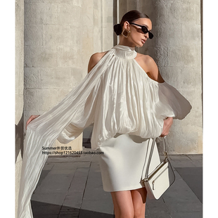 ribbon 法式 shoulder Off shirt 挂脖飘带领上衣露肩金银丝衬衣女
