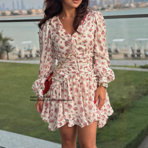 欧美V领长袖褶皱碎花a字连衣裙女