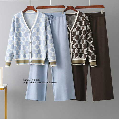 2026春欧美V领针织开衫长裤套装