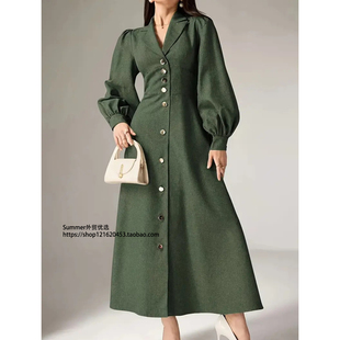 欧美长袖优雅单排扣连衣裙翻领衬衫式复古长裙 Green shirt dress