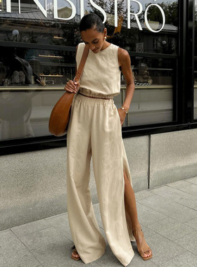 休闲棉麻无袖背心两件套开叉阔脚裤套装女Slit wide leg pantsuit