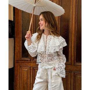 2026春欧美蕾丝透视双层荷叶领衬衫设计感上衣Lace ruffled shirt