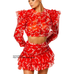 新款欧美圆领长袖露脐上衣半身裙印花两件套性感套装 Sexy outfit