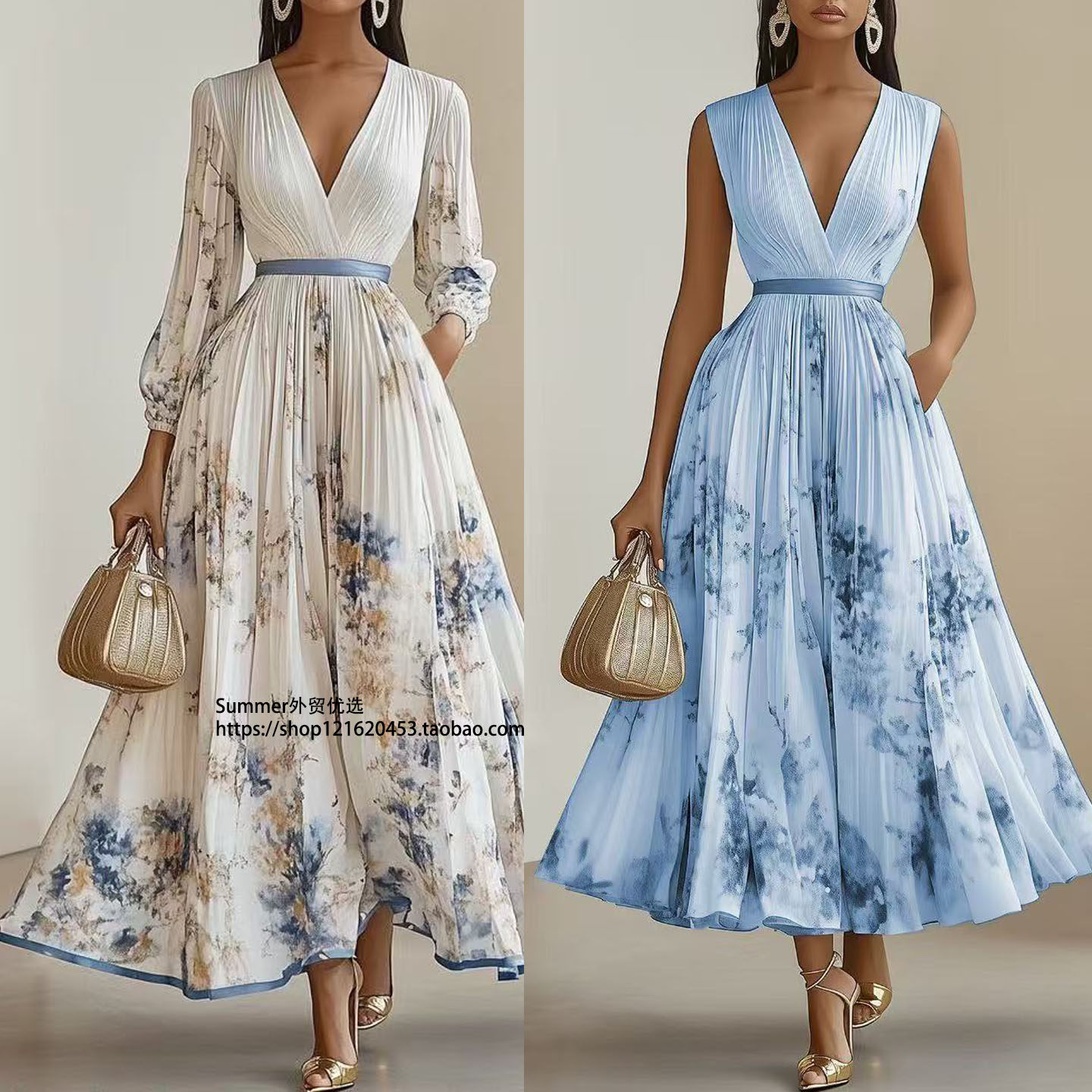 性感V领印花无袖大裙摆连衣裙长袖长裙Deep V-neck printed dress