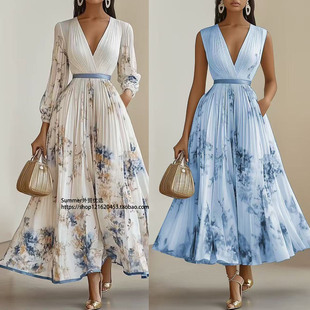 大裙摆连衣裙长袖 printed 长裙Deep neck dress 性感V领印花无袖