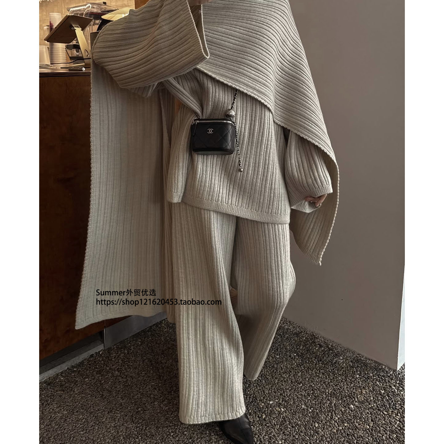 2025秋宽松麻花毛衣围巾长裤套装