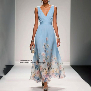 大码性感背心深V雪纺印花连衣裙女 Deep V chiffon printed dress