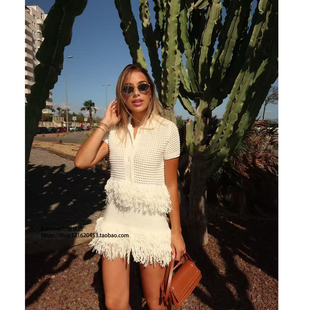 skirt 2026春欧美流苏短袖 Mini 高腰迷你裙套装 set 针织外套