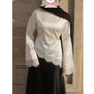 patchwork top lace 中东阿巴亚蕾丝拼接花边锻面撞色T恤女Forged
