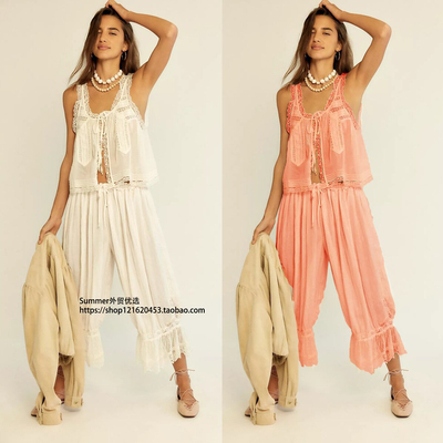 2026欧美蕾丝花边吊带九分裤套装