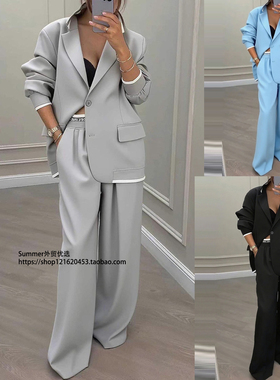 欧美2025秋气质长袖外套休闲阔腿裤西装套装女Suit and pants set