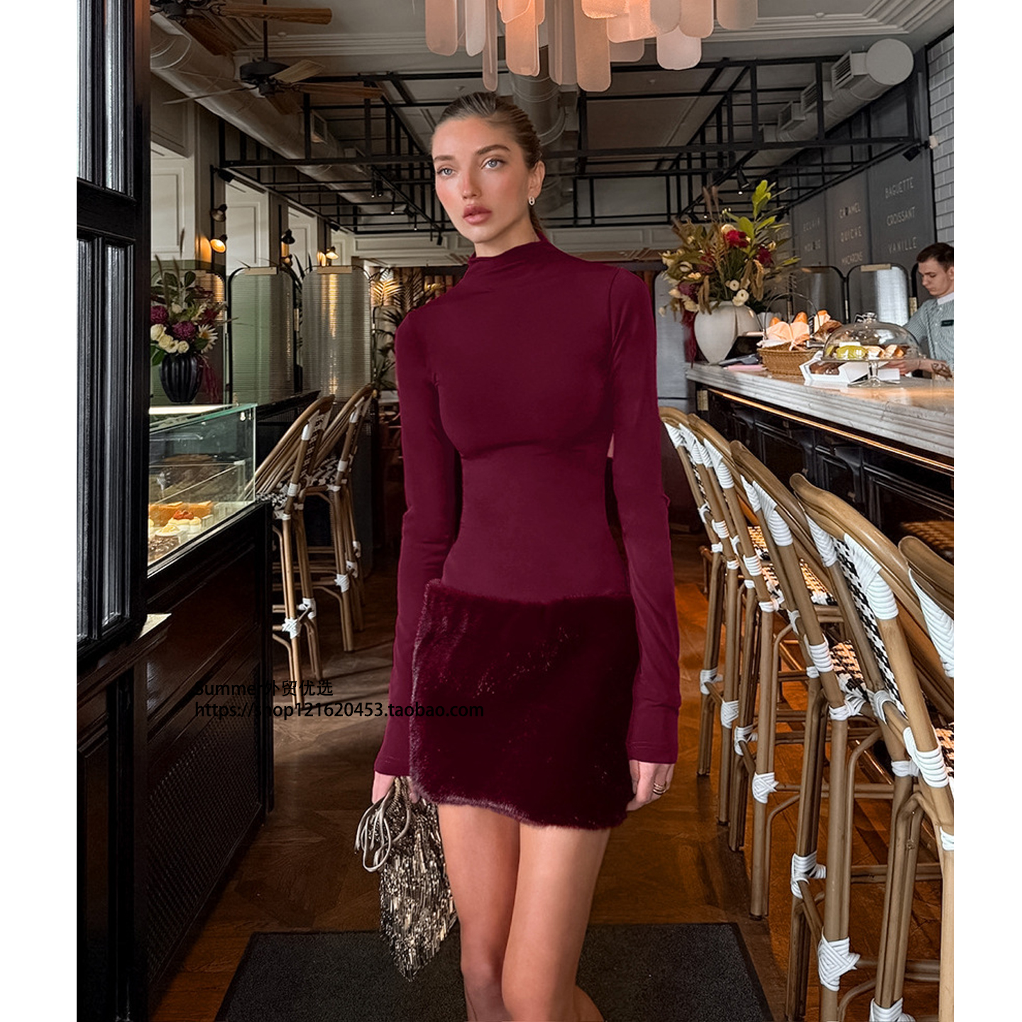 2025欧美性感毛绒拼接包臀连衣裙