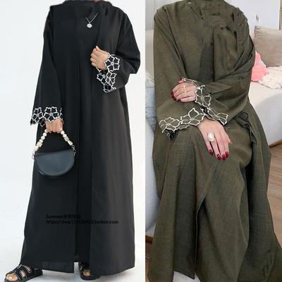 开衫长袍双色平纹花朵中东刺绣