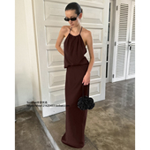 Backless vest and 仿醋酸露背系带挂脖背心长裙两件套 skirt set