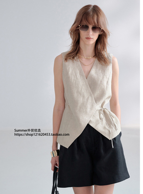 老钱风亚麻V领马甲短款系带马夹简约收腰背心 Linen lace up vest