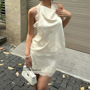 short 纯欲风荡领挂脖露背小背心半裙两件套 Lace vest set skirt