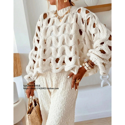 2025欧美休闲度假风勾花镂空毛衣
