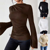 欧美百搭抽褶长袖 shirt 立领修身 T恤女Drawn 打底衫 设计感喇叭袖