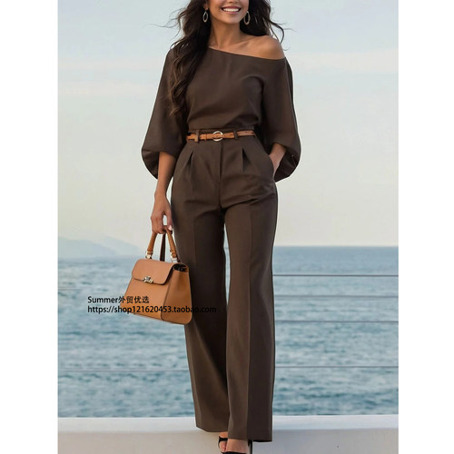 欧美休闲斜肩灯笼袖上衣长裤套装