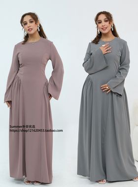 中东阿拉伯长袖连衣裙迪拜后背绑带收腰长裙女 Strap waist dress