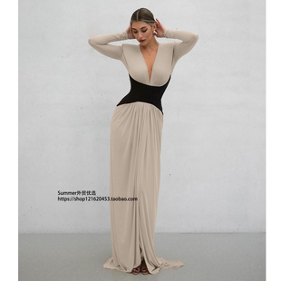 性感深V领显瘦撞色连衣裙拖地露背晚礼服女Backless gown evening