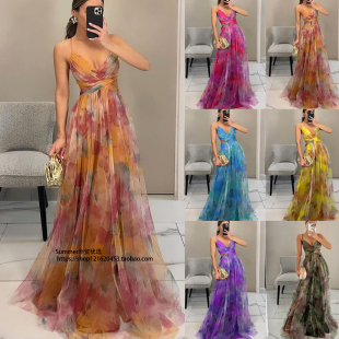 dress strap 欧美网纱印花吊带连衣裙度假休闲连衣裙 spaghetti