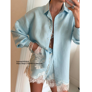 衬衫 纯色翻领长袖 蕾丝拼接短裤 套装 set 2026夏季 shorts 欧美时尚