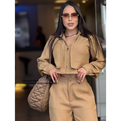 2025秋欧美女式拉链外套长裤套装