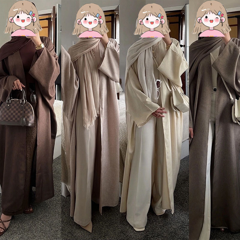 中东开衫棉麻纯色拼接开衫袍子