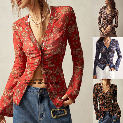 2026春复古印花V领衬衫度假上衣